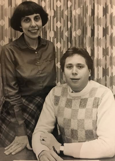 Photo of a man and woman. Elaine Thomopoulos and John Psiharis in 1987