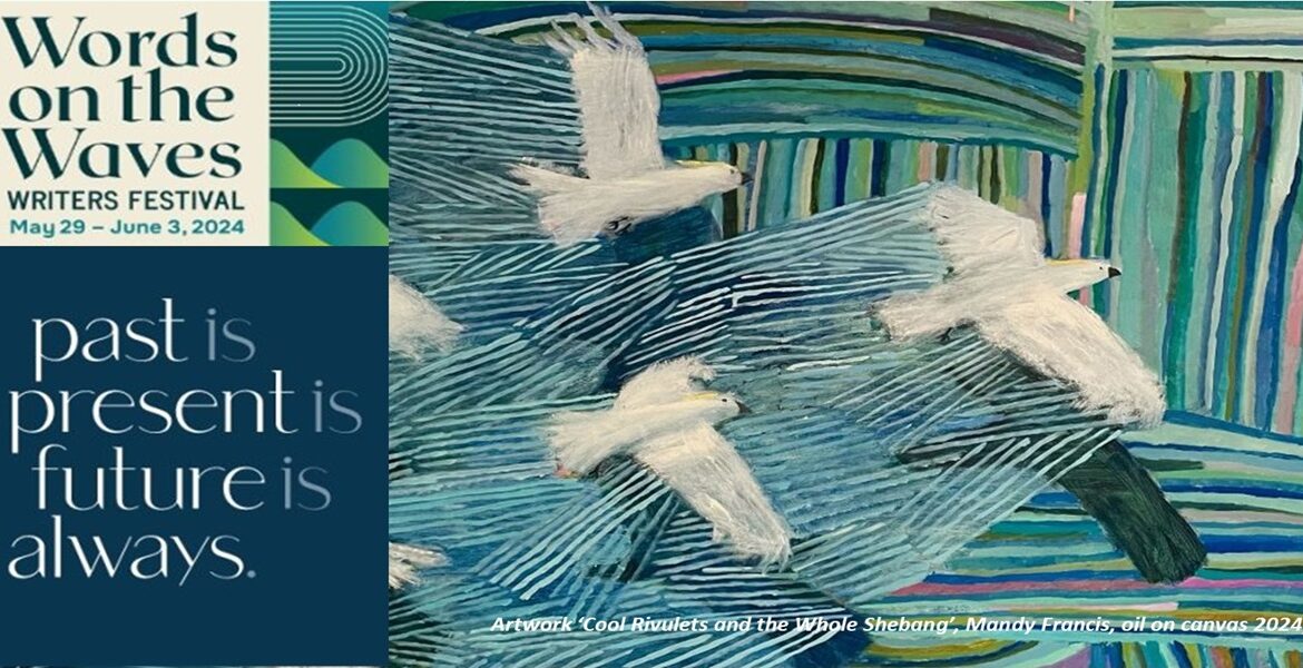 Words on the Waves Writers Festival 2024 Sally Jane Smith Repacking for Greece. illustration of white birds flying over waves.