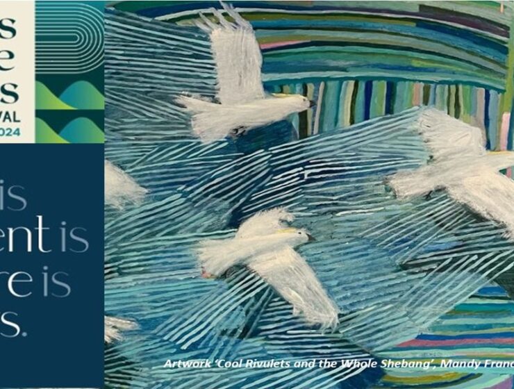 Words on the Waves Writers Festival 2024 Sally Jane Smith Repacking for Greece. illustration of white birds flying over waves.