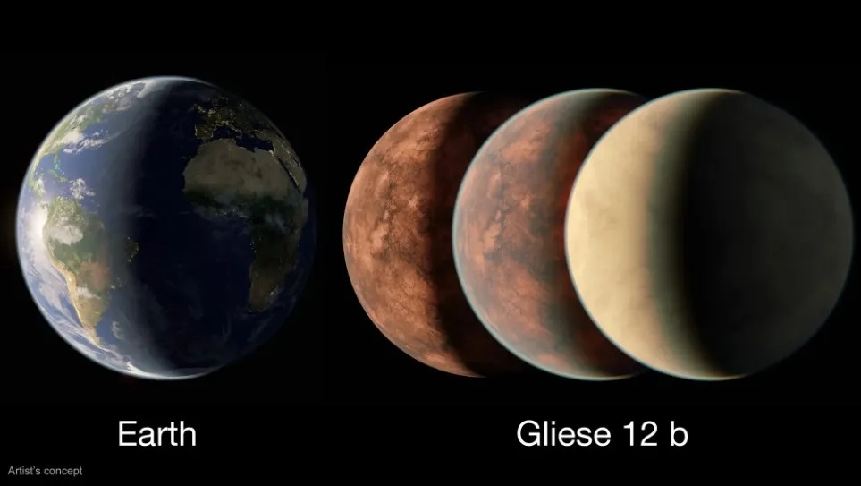 Image: Gliese 12 b’s estimated size may be as large as Earth or slightly smaller — comparable to Venus in our solar system. This artist’s concept compares Earth with different possible Gliese 12 b interpretations, from one with no atmosphere to one with a thick Venus-like one. Follow-up observations with NASA’s James Webb Space Telescope could help determine just how much atmosphere the planet retains as well as its composition. NASA/JPL-Caltech/R. Hurt (Caltech-IPAC)