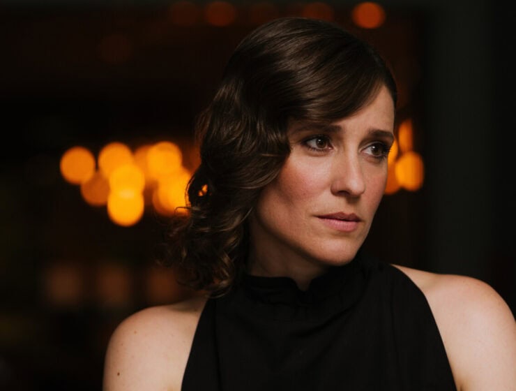 Acclaimed Greek Actress Angeliki Papoulia at Locarn Film Festival. IMAGE: ANGELIKI PAPOULIA. image of a woman with dark hair wearing a black dress looking off to the right.