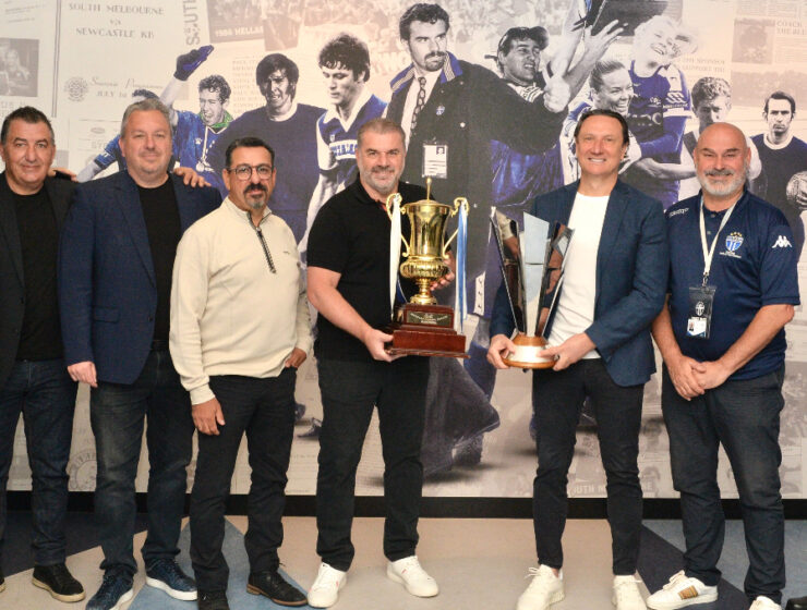Ange Postecoglou at South Melbourne Hellas mural during visit