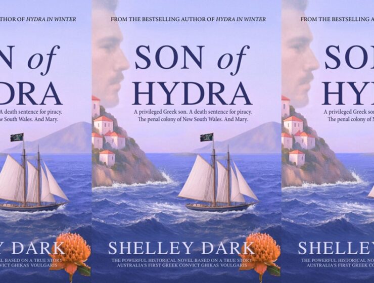 SON OF HYDRA by Australian Author Shelley Dark. Image of a pirate ship sailing near an island and the silhouette of a man in the distance