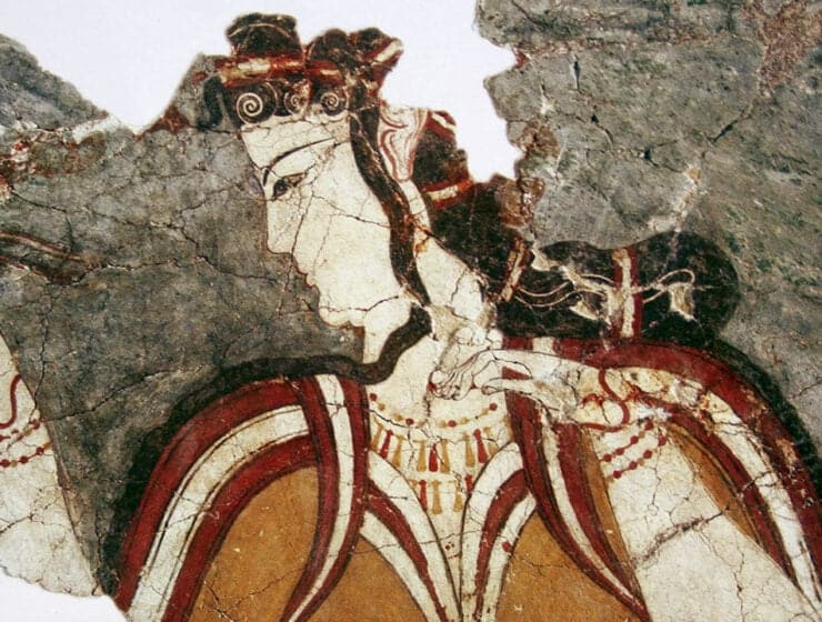 A fragment of an ancient Greek mural depicting a classical woman with intricate jewelry and garments, showcasing Greek artistic heritage and historical craftsmanship.