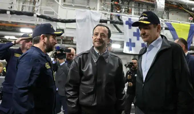Christodoulides and Mitsotakis visited the Greek frigate Kimon off Cyprus following a drone strike that heightened security concerns in the eastern Mediterranean.